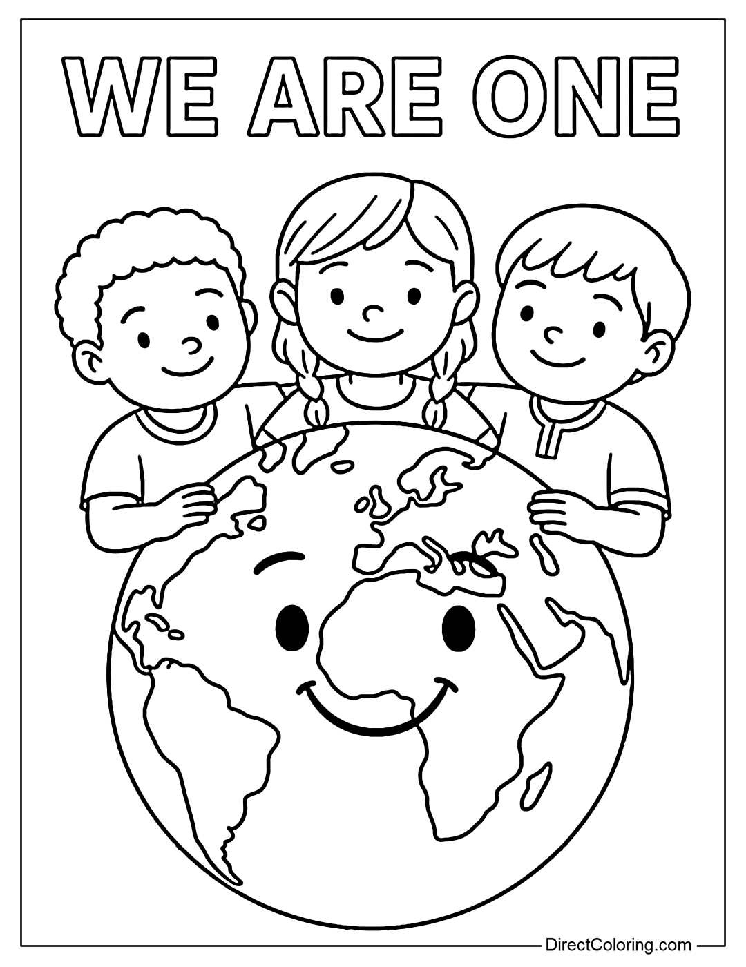 Coloring page of the globe held by children of many skin colors, above is the text 